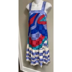 Brijo Silk Geometric‎ Print Dress Shift Ruffle Bottom~ 4~Made in USA